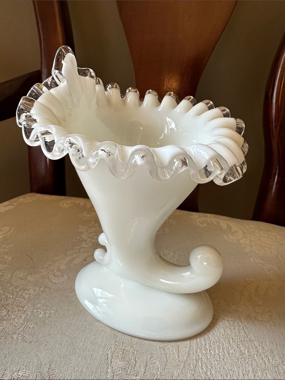 Fenton Silver Crest lace Cornucopia milk glass candle holder, vase